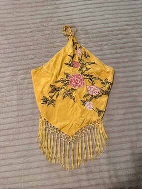 Urban Outfitters Yellow Embroidered Fringe Halter Top